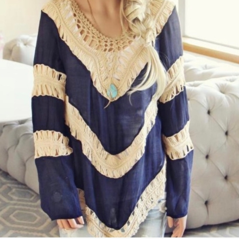 Umgee Navy Cream Crochet Gypsy Boho Coachella Chic Tunic Blouse Long Sleeve M